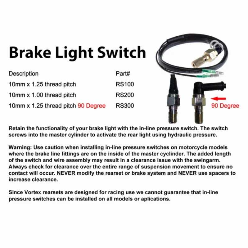 Vortex Racing Rearsets Replacement Brake Light Press Switch M10 x 1.00 - Vortex Racing motorcycle part