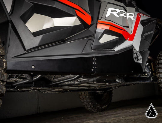 Picture from the front side angle of the Assault Industries Polaris RZR XP 4 1000 Rock Sliders