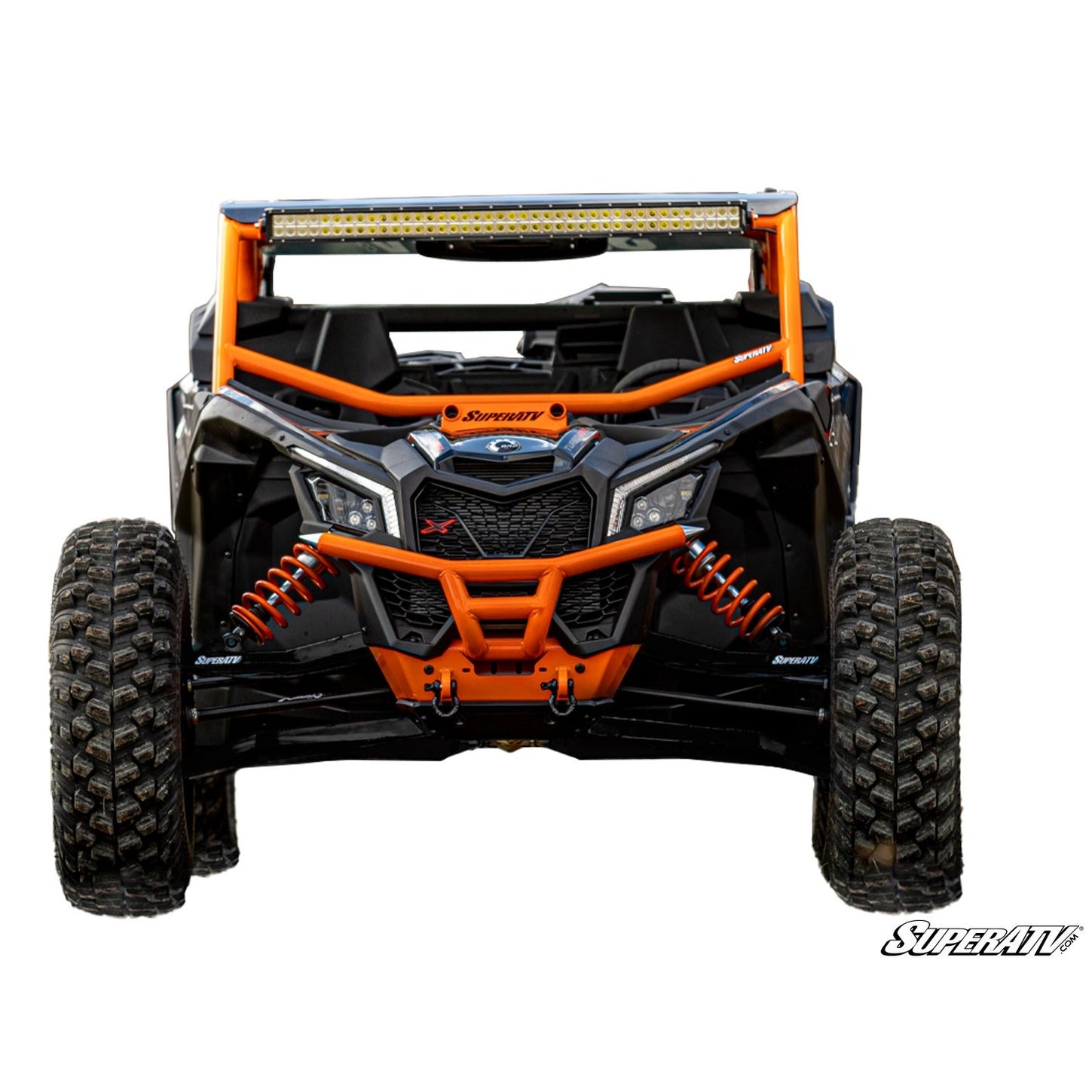 Picture from the front with the Can-Am Maverick X3 Long Travel Kit Boxed A-Arms