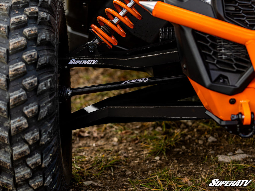 Picture of the front suspension with the Can-Am Maverick X3 Long Travel Kit Boxed A-Arms