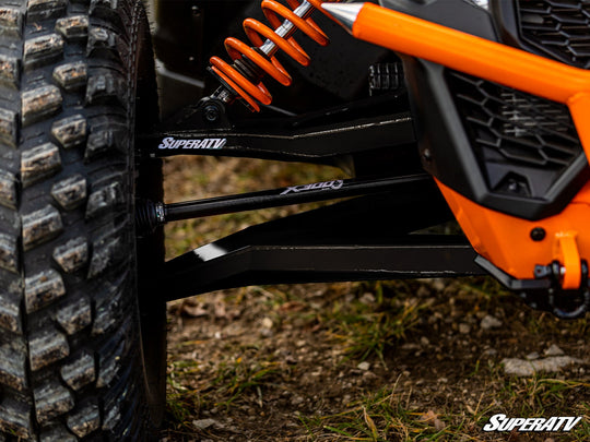 Picture of the front suspension with the Can-Am Maverick X3 Long Travel Kit Boxed A-Arms