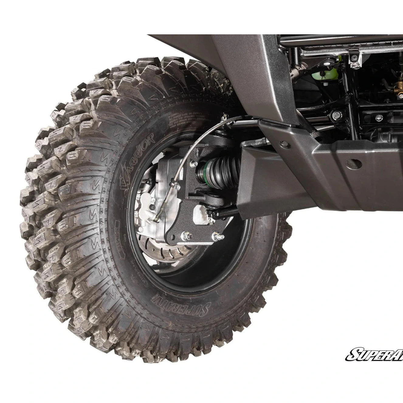 Picture of the Kawasaki Brute Force 4" Portal Gear Lift installed on the front right suspension and wheel