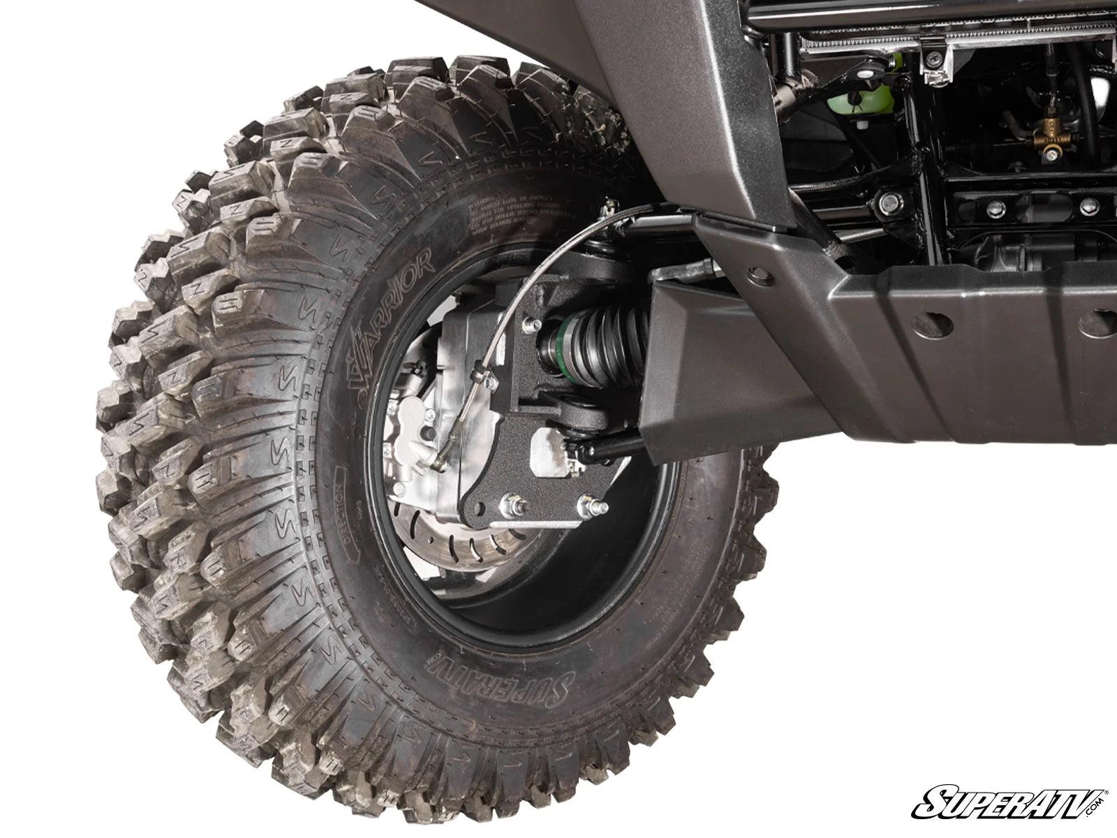 Picture of the Kawasaki Brute Force 4" Portal Gear Lift installed on the front right suspension and wheel