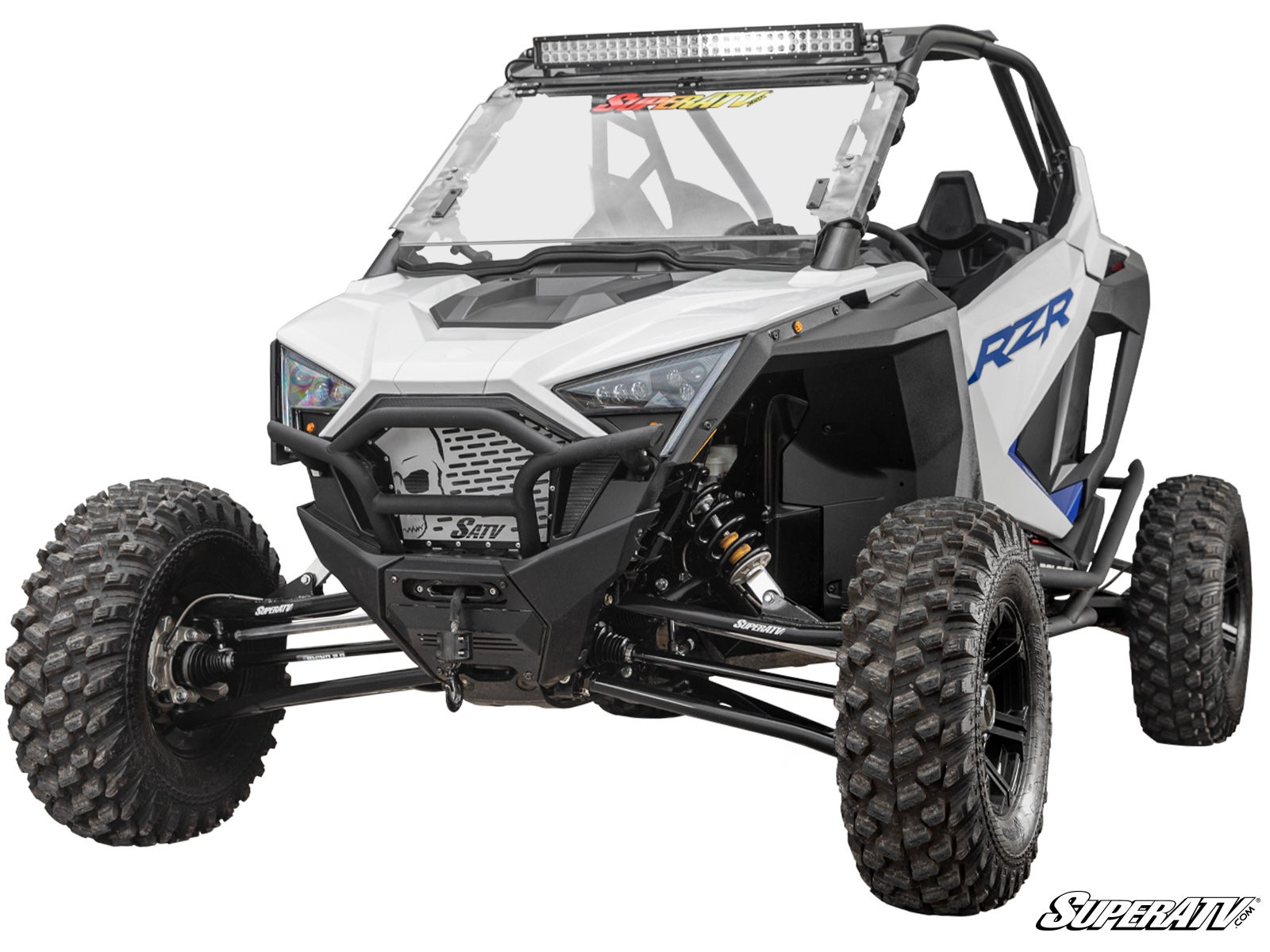 Picture from the front with the Polaris RZR PRO XP 3" Long Travel Kit—Chromoly Tubed