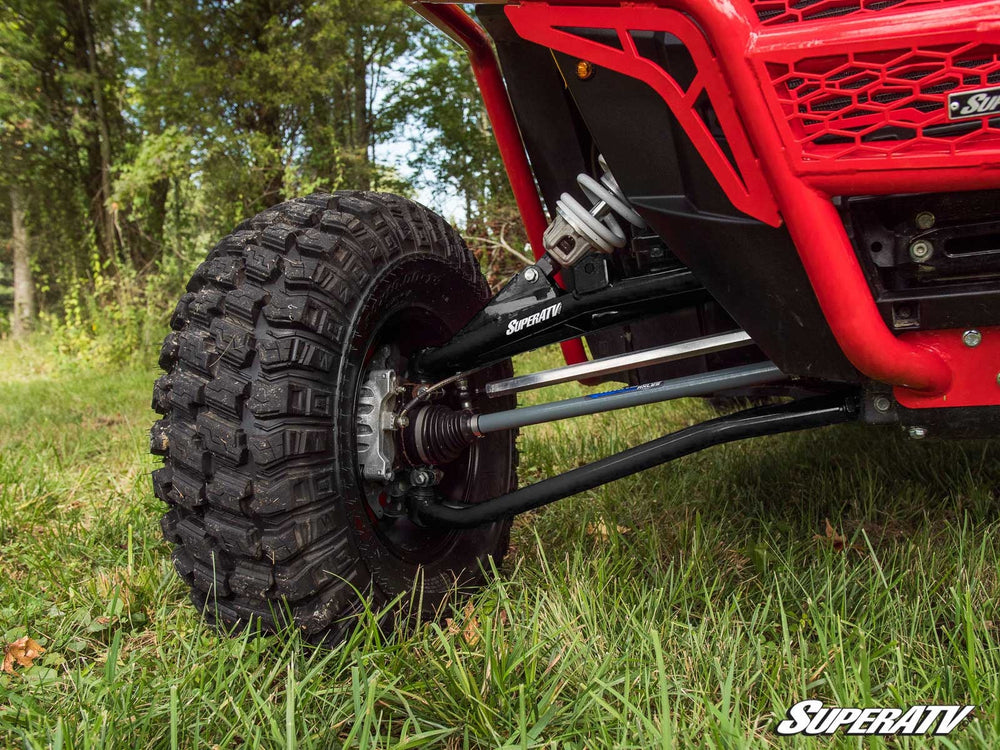 Picture of the front suspension with the Polaris RZR XP Turbo 3" Long Travel Kit Chromoly Tubed