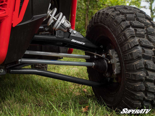Picture of the front suspension with the Polaris RZR XP Turbo 3" Long Travel Kit Chromoly Tubed