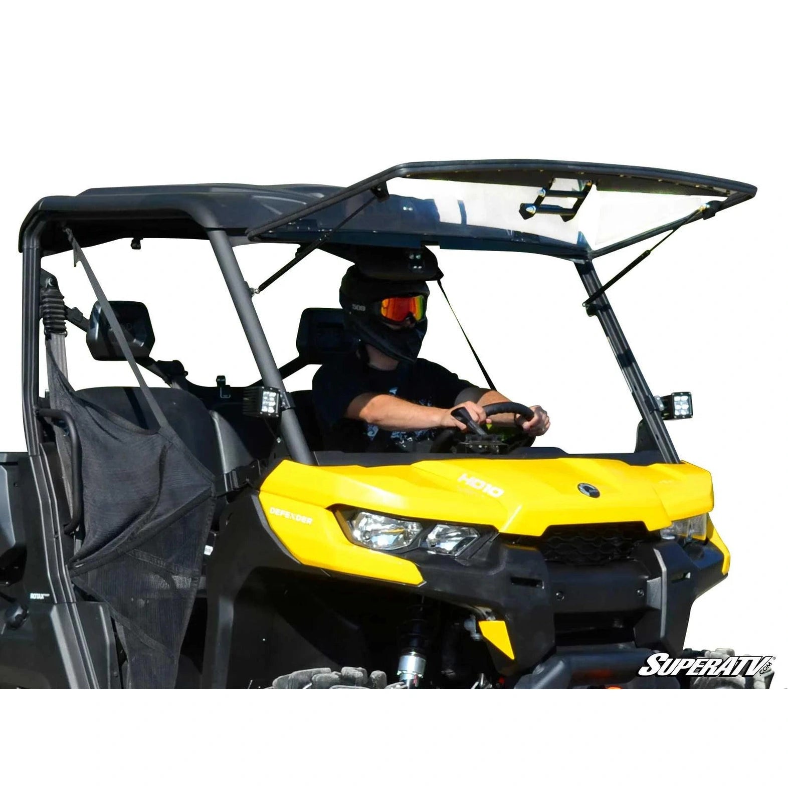 can-am defender flip out windshield being showcased.