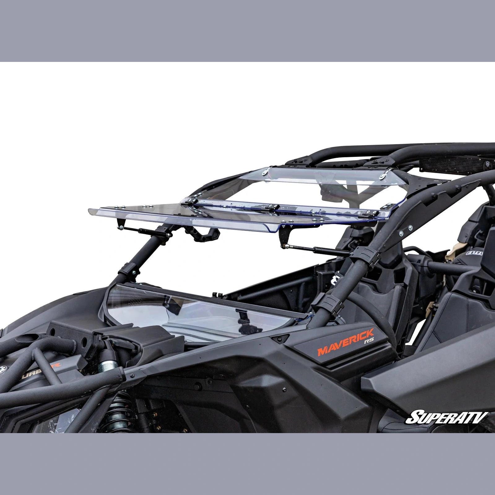 can am maverick x3 flip out windshield product being showcased