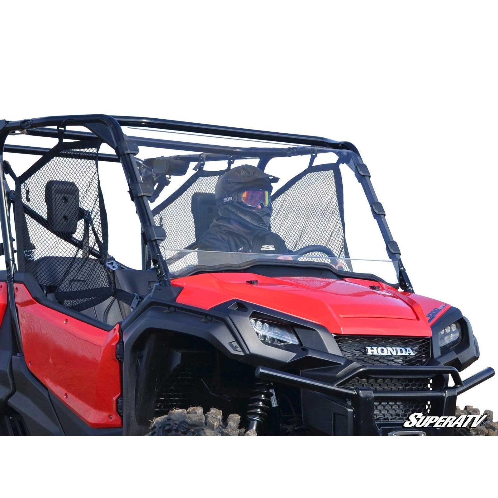 Product display of the Honda Pioneer 1000 full windshield.