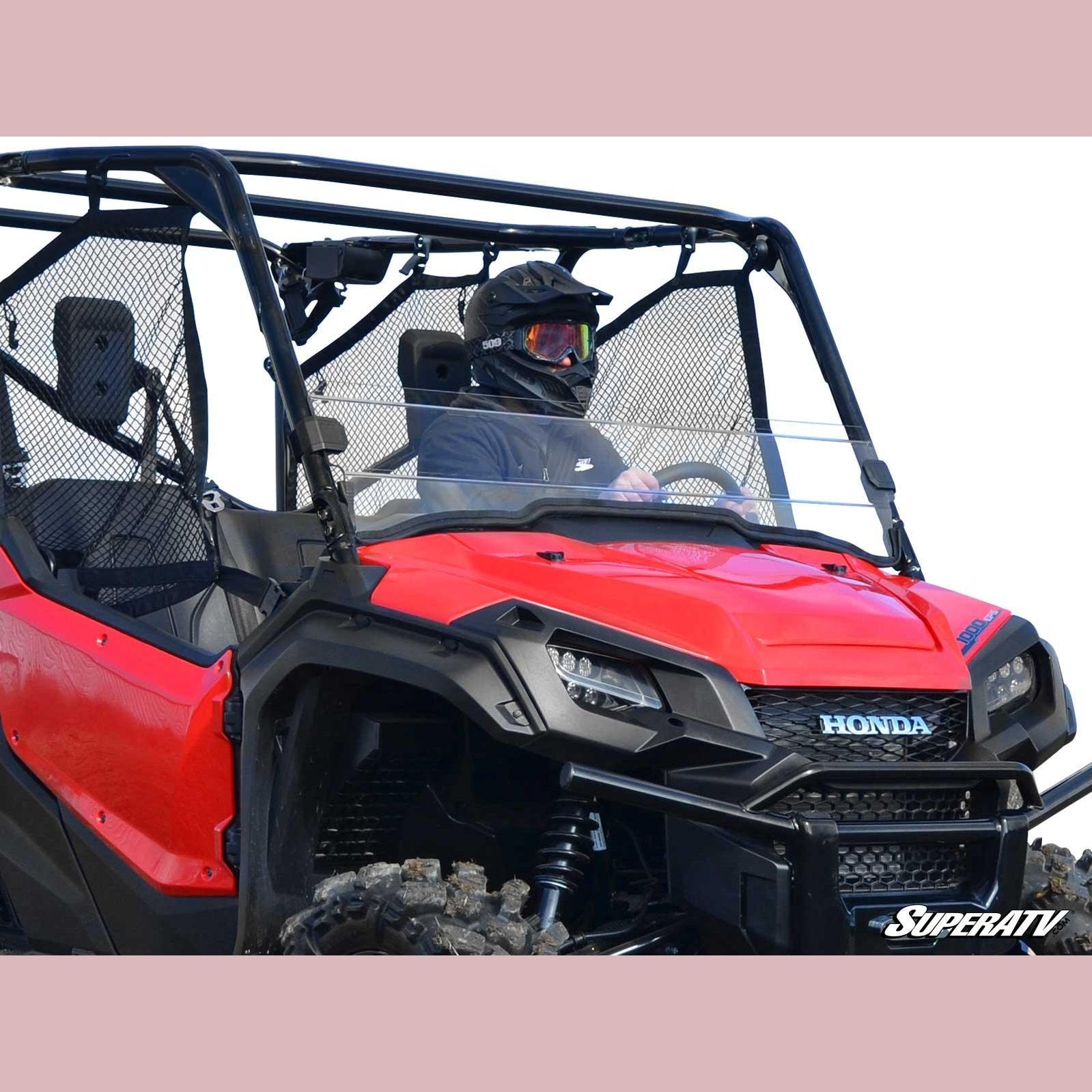 Product display of the Honda Pioneer 1000 half windshield.