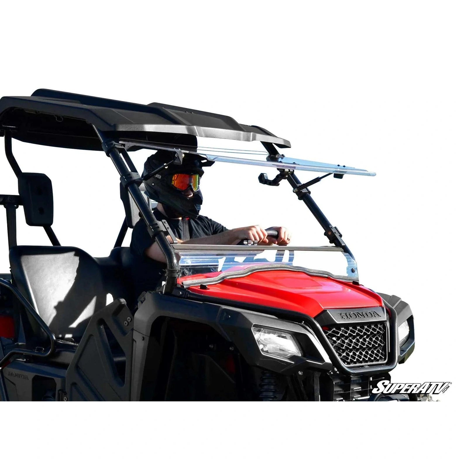 Product showcase of the Honda Pioneer 500 flip out windshield.