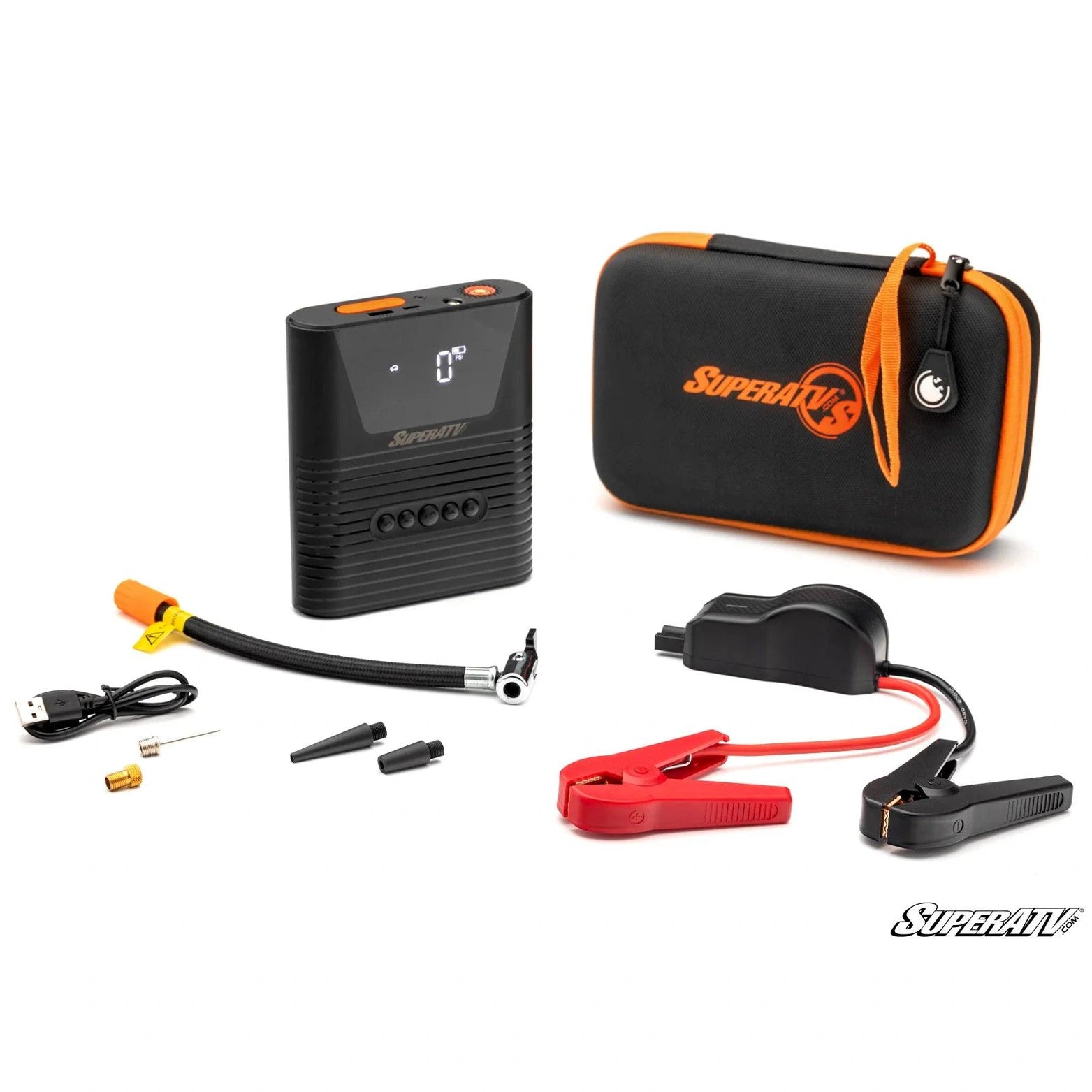 Product display of our jump starter with a built in air compressor.