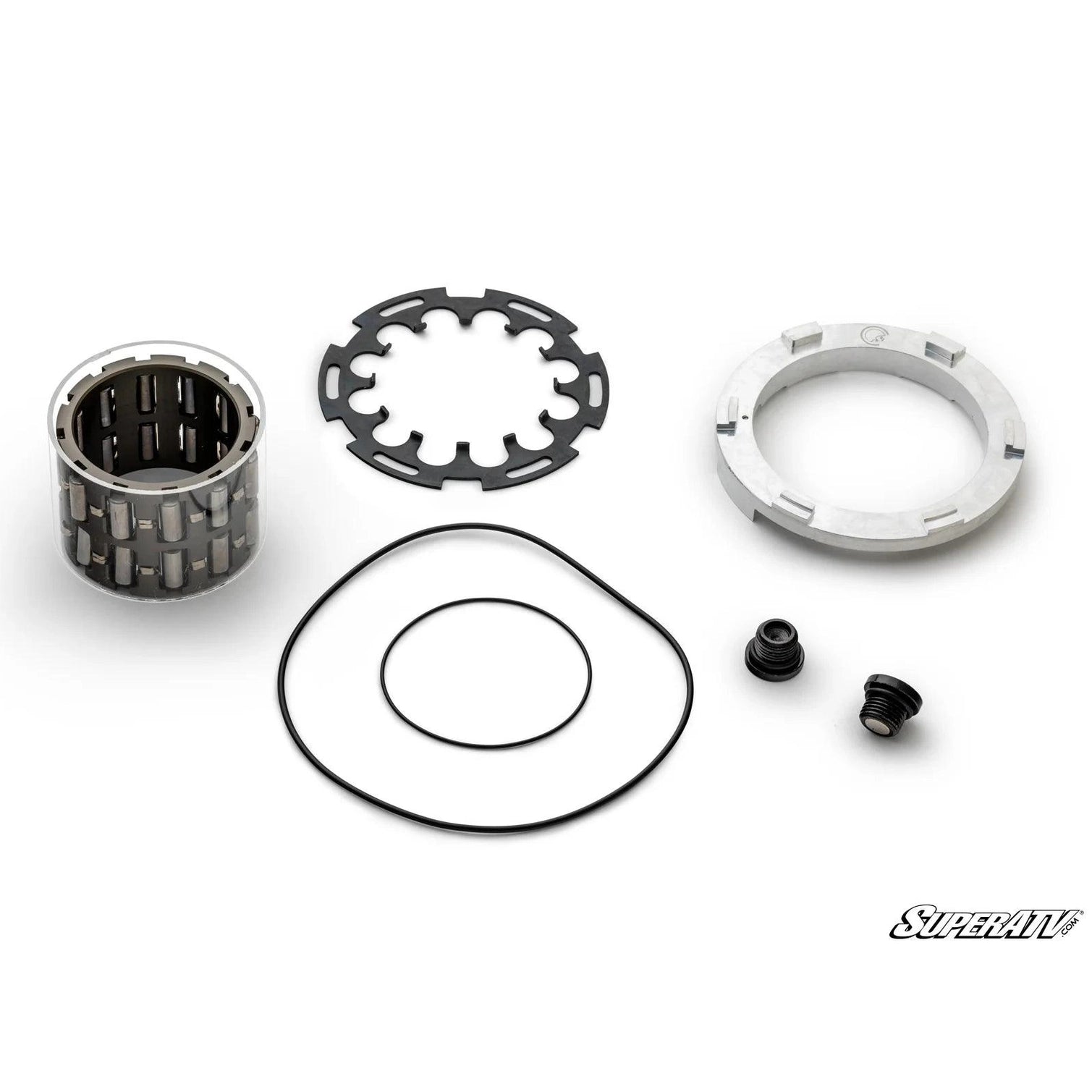 Display of the parts included in the billet front differential rebuild kit for Polaris UTV's 
