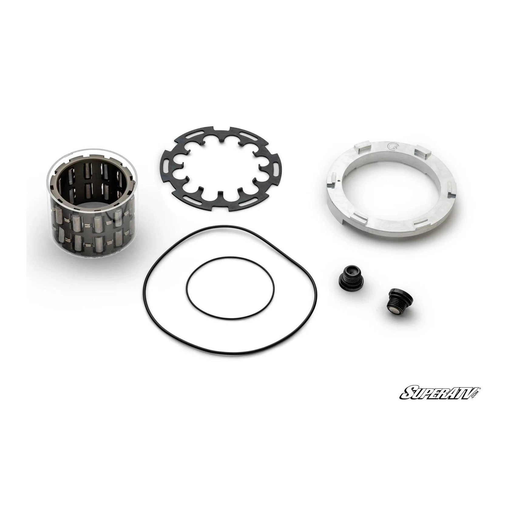 Display of the parts included in the billet front differential rebuild kit for Polaris UTV's 